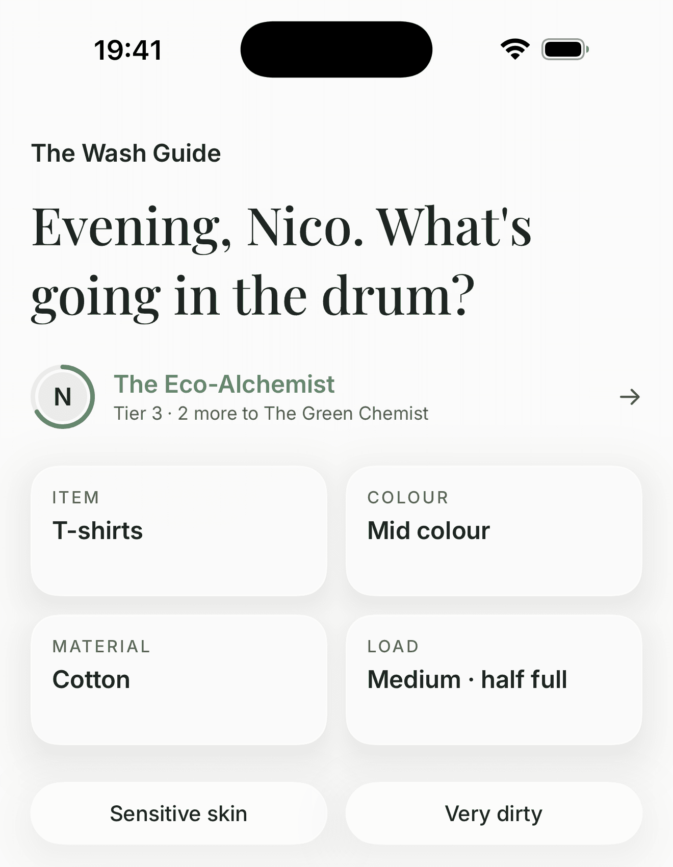 The Wash Guide on iPhone: “Evening, Nico. What’s going in the drum?”, over the item, colour, material and load for this wash.
